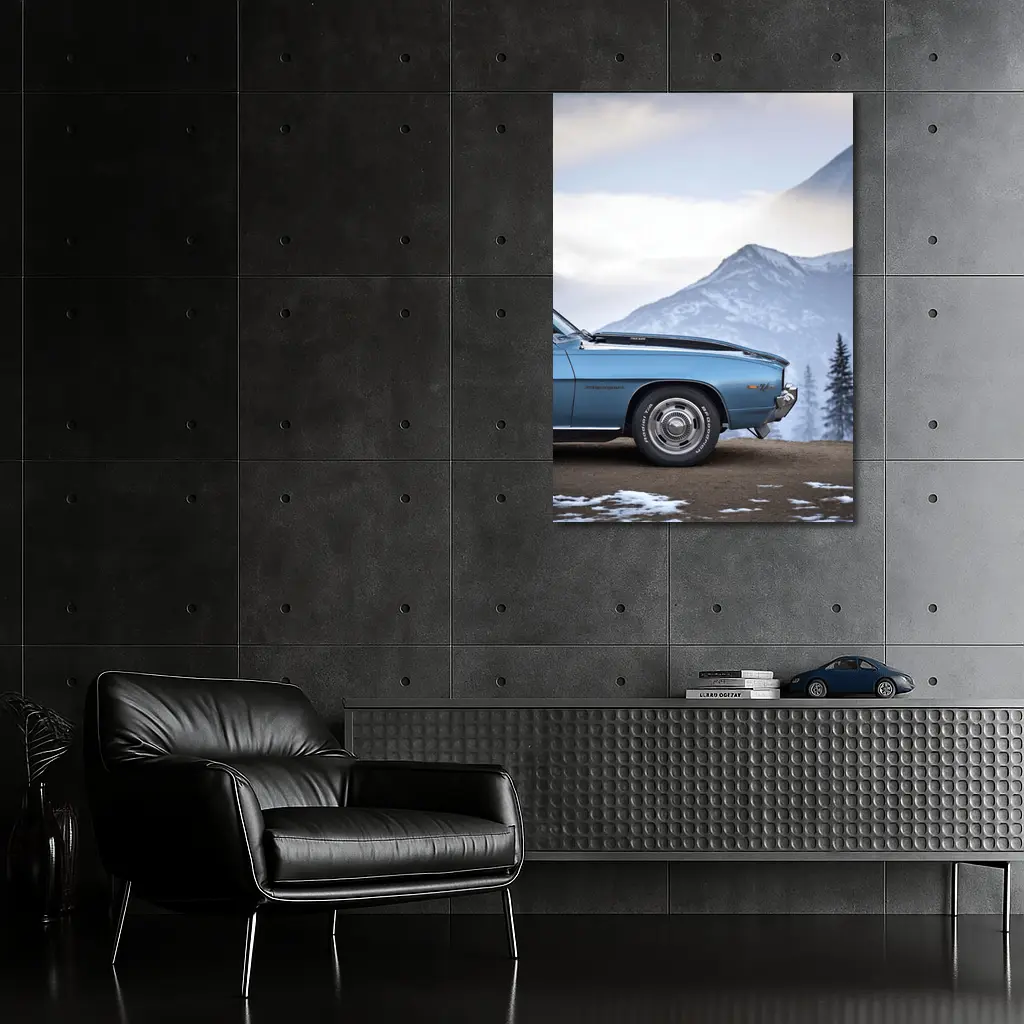 Chevrolet Camaro Classic Blue Snowy Mountain Backdrop – Wall Art