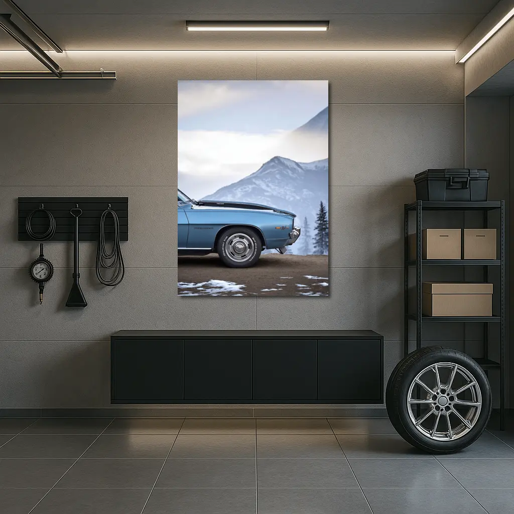 Chevrolet Camaro Classic Blue Snowy Mountain Backdrop – Wall Art