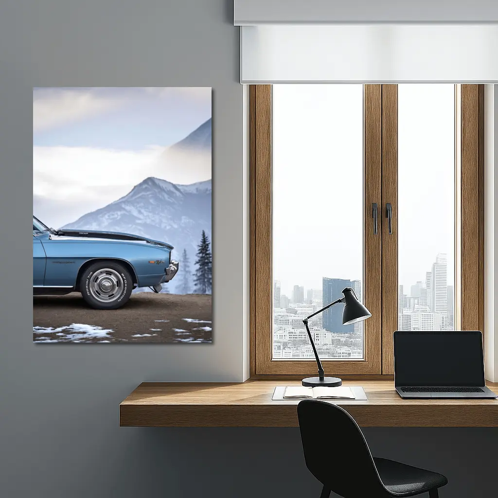 Chevrolet Camaro Classic Blue Snowy Mountain Backdrop – Wall Art