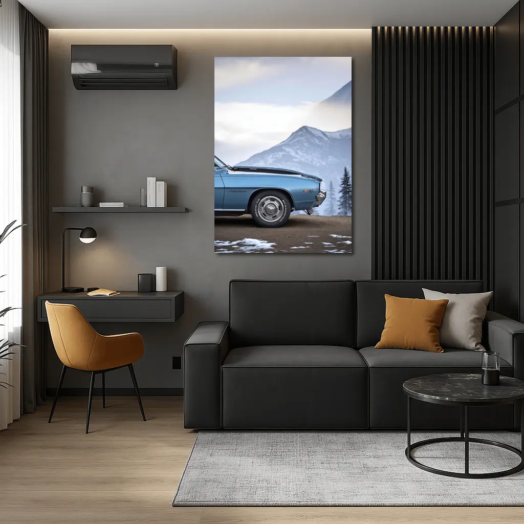 Chevrolet Camaro Classic Blue Snowy Mountain Backdrop – Wall Art