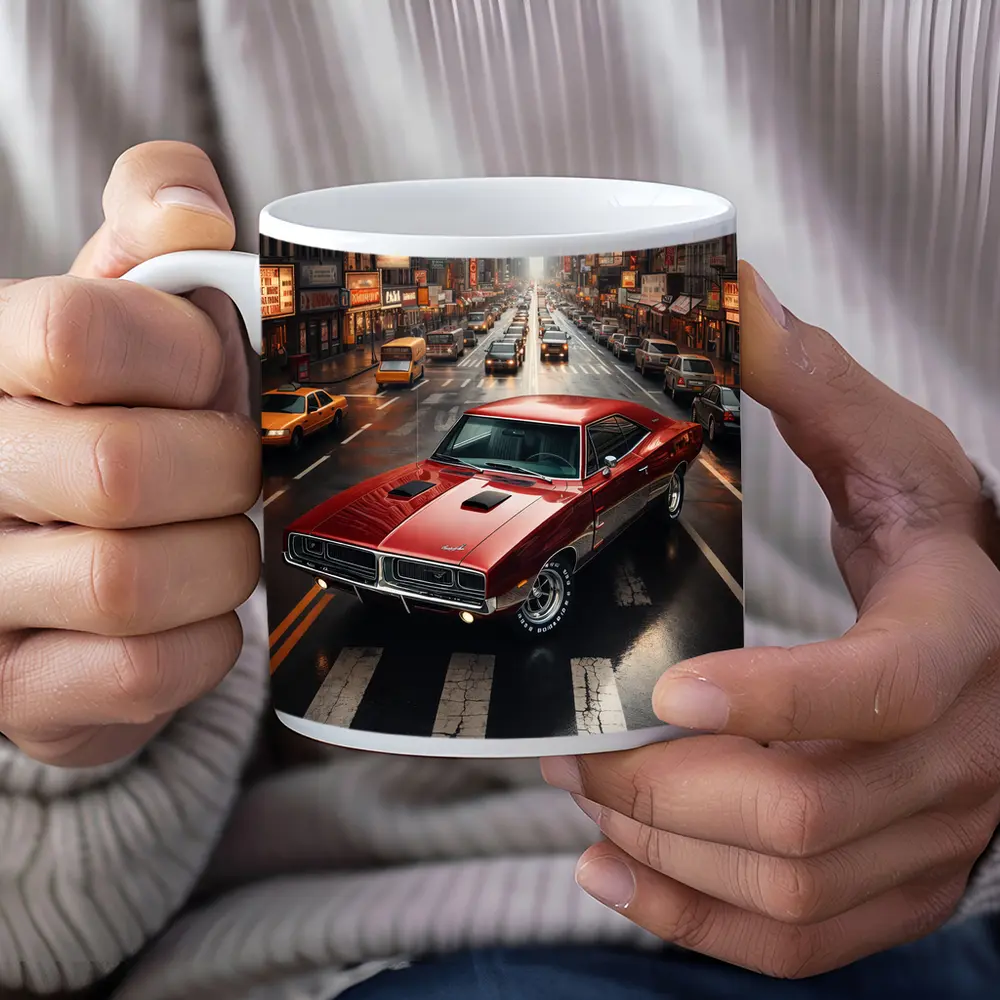 Red Dodge Charger Cruising New York Street – Mugs