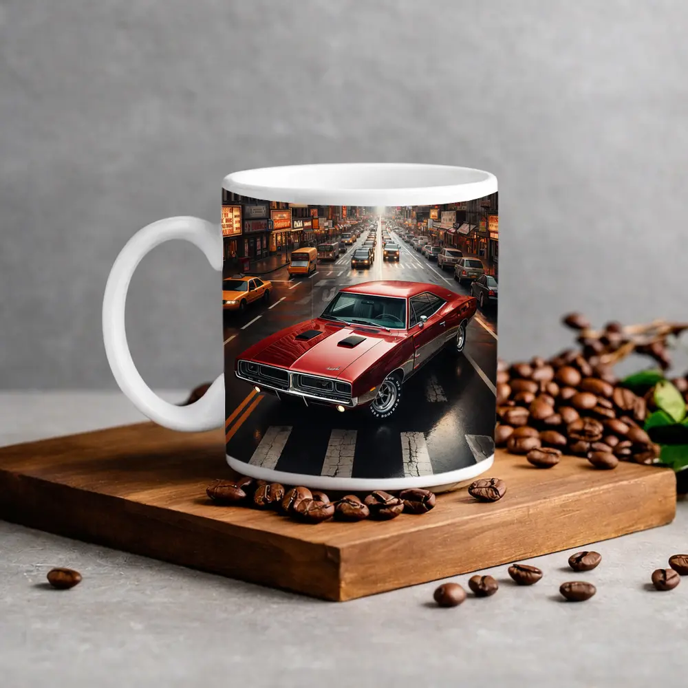 Red Dodge Charger Cruising New York Street – Mugs