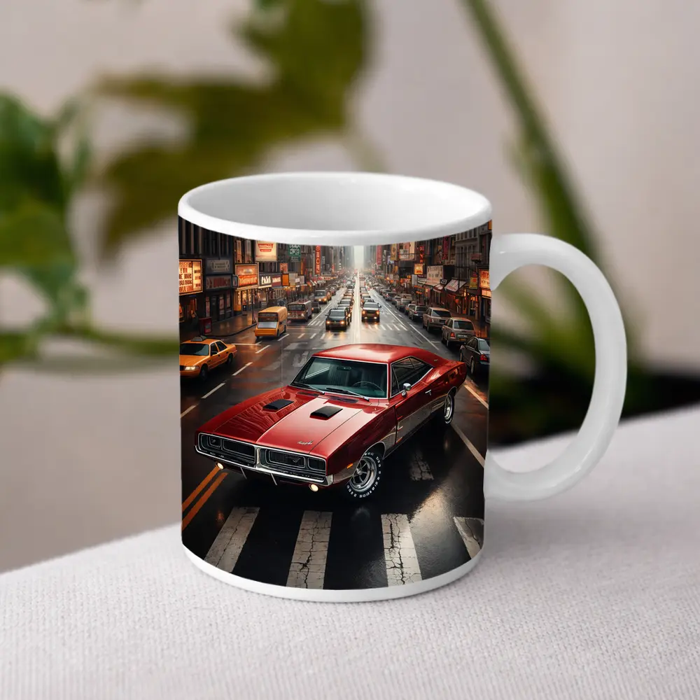 Red Dodge Charger Cruising New York Street – Mugs