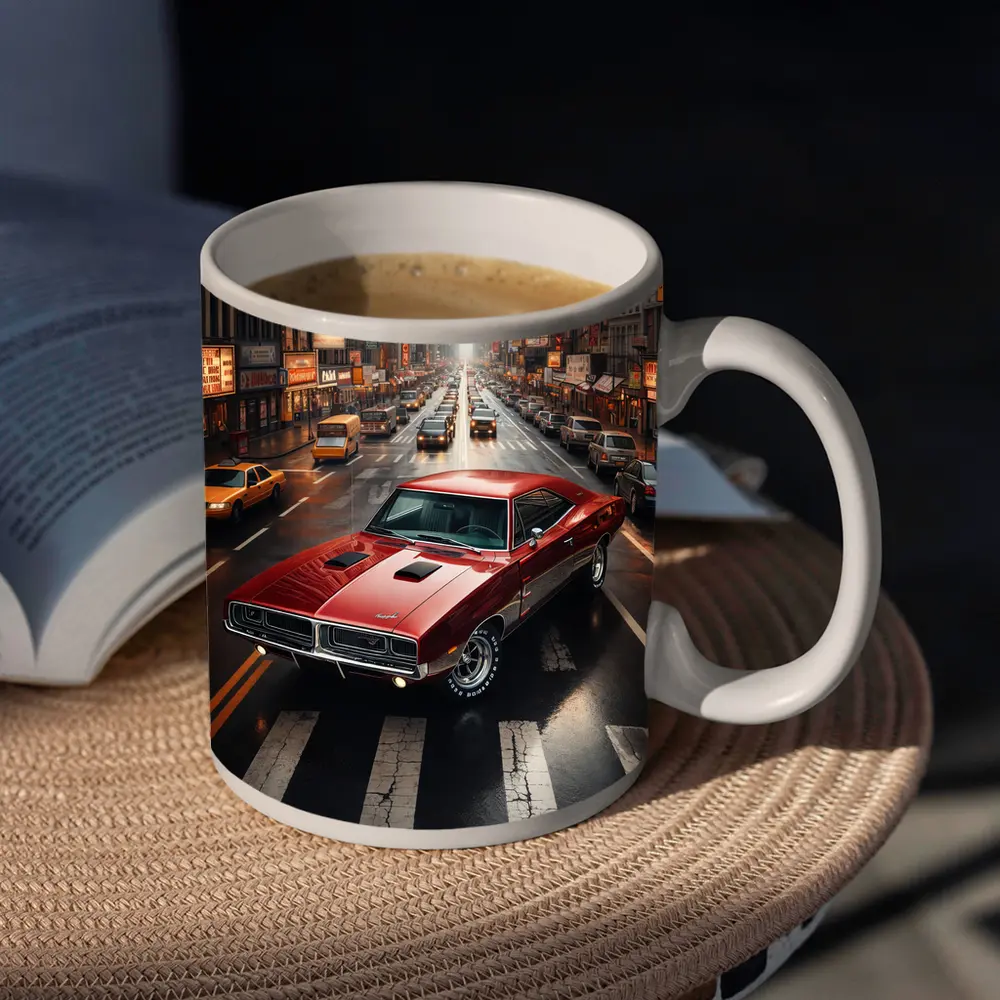 Red Dodge Charger Cruising New York Street – Mugs