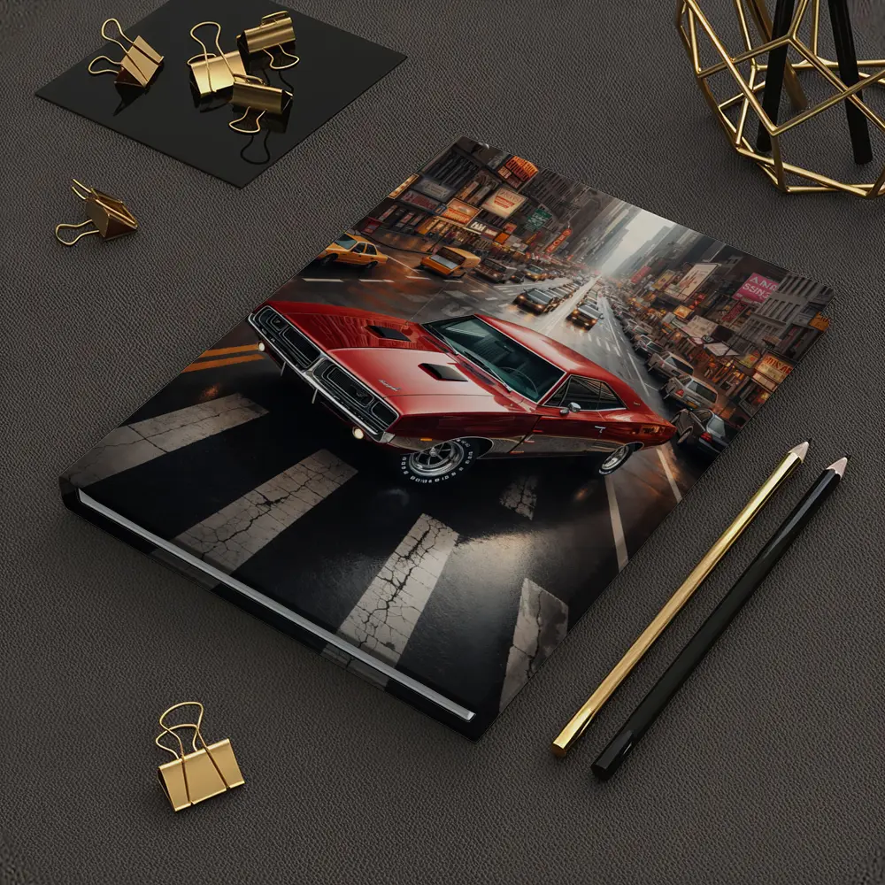 Red Dodge Charger Cruising New York Street – Notebooks