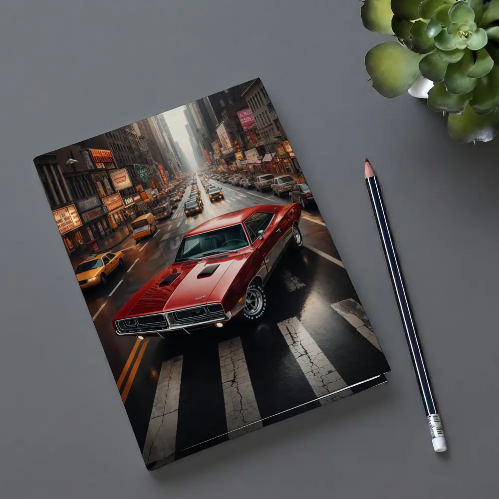 Red Dodge Charger Cruising New York Street – Notebooks