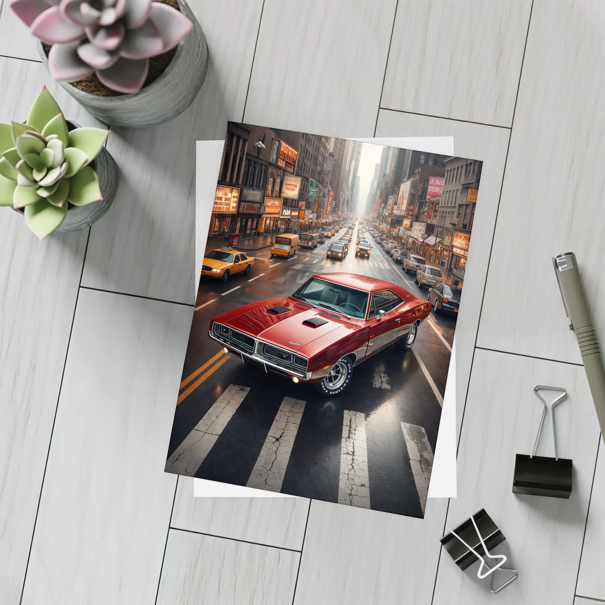 Red Dodge Charger Cruising New York Street – Postcards