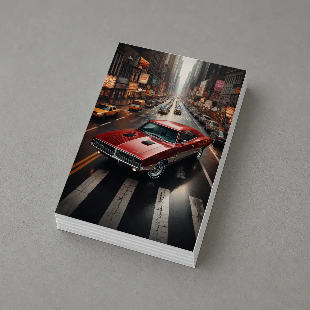 Red Dodge Charger Cruising New York Street – Postcards