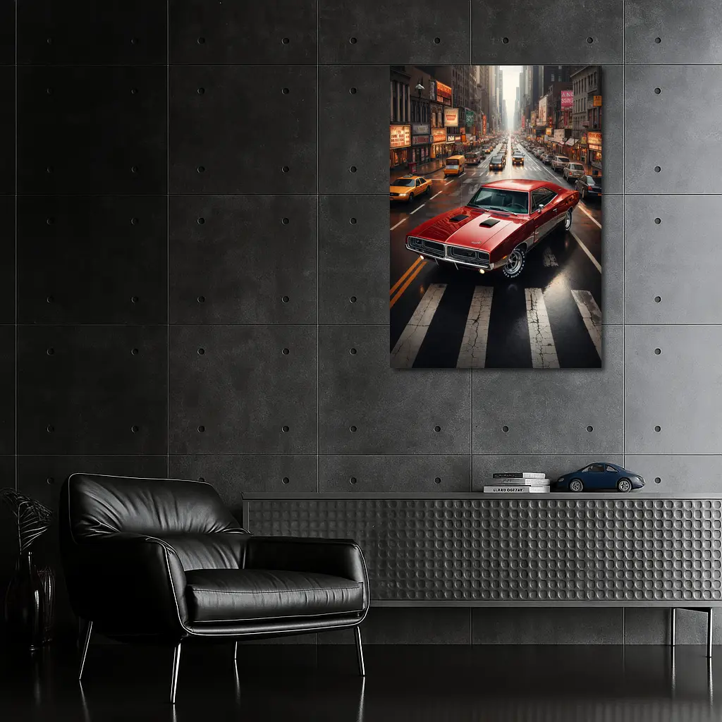 Red Dodge Charger Cruising New York Street – Wall Art