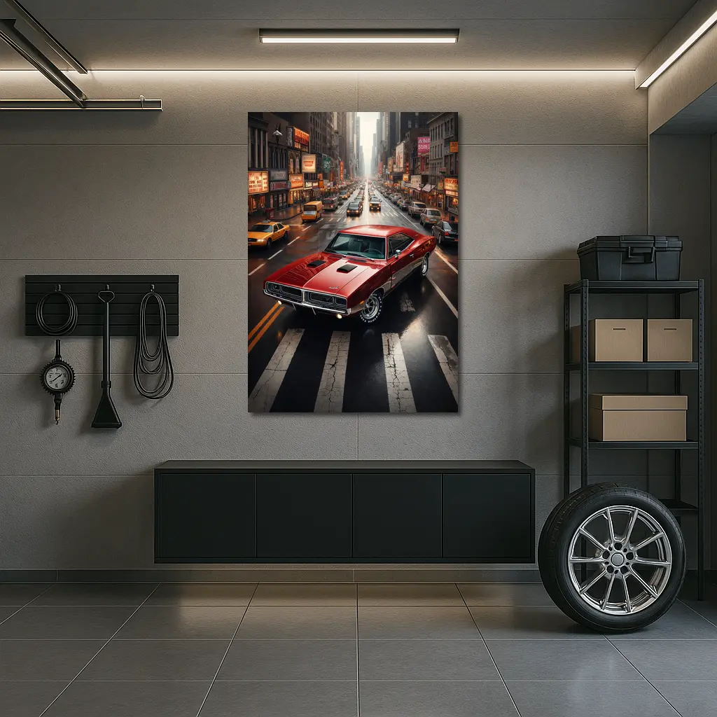 Red Dodge Charger Cruising New York Street – Wall Art