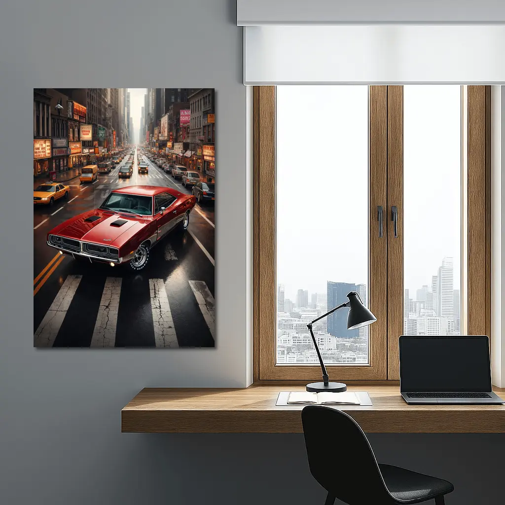 Red Dodge Charger Cruising New York Street – Wall Art