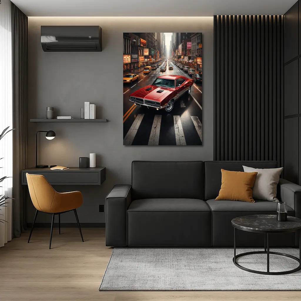 Red Dodge Charger Cruising New York Street – Wall Art