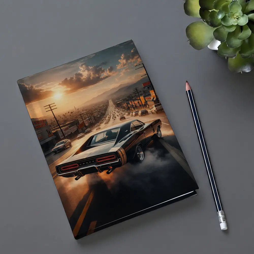 Dodge Charger Burnout on LA Street Sunset – Notebooks