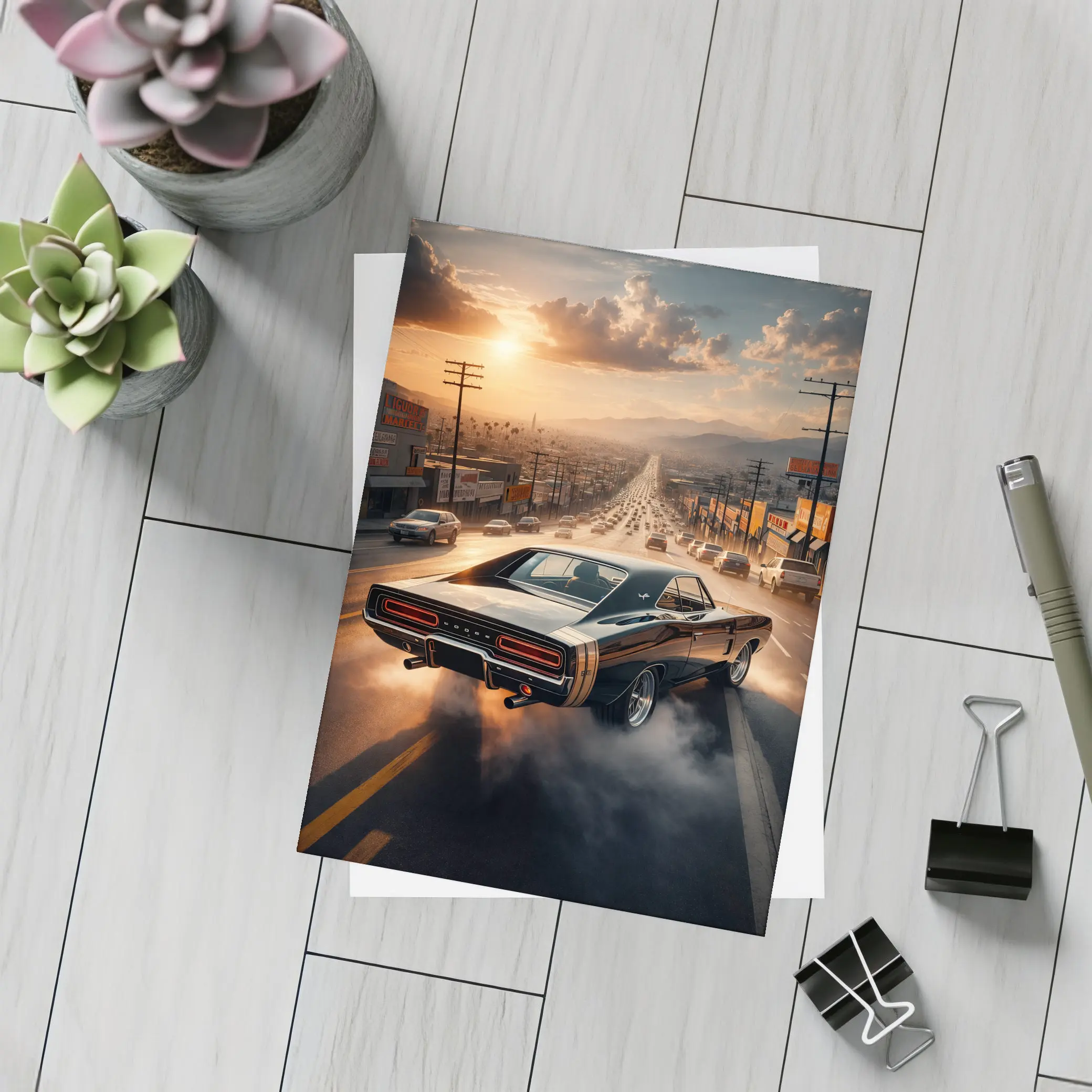 Dodge Charger Burnout on LA Street Sunset – Postcards