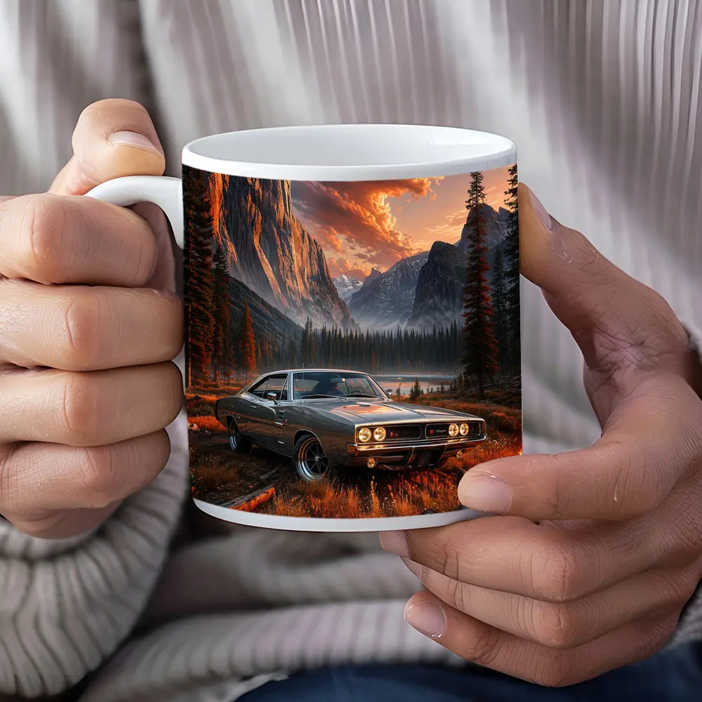 Dodge Charger Muscle Car Mountain Sunset Scene – Mugs