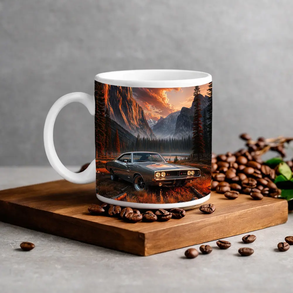 Dodge Charger Muscle Car Mountain Sunset Scene – Mugs
