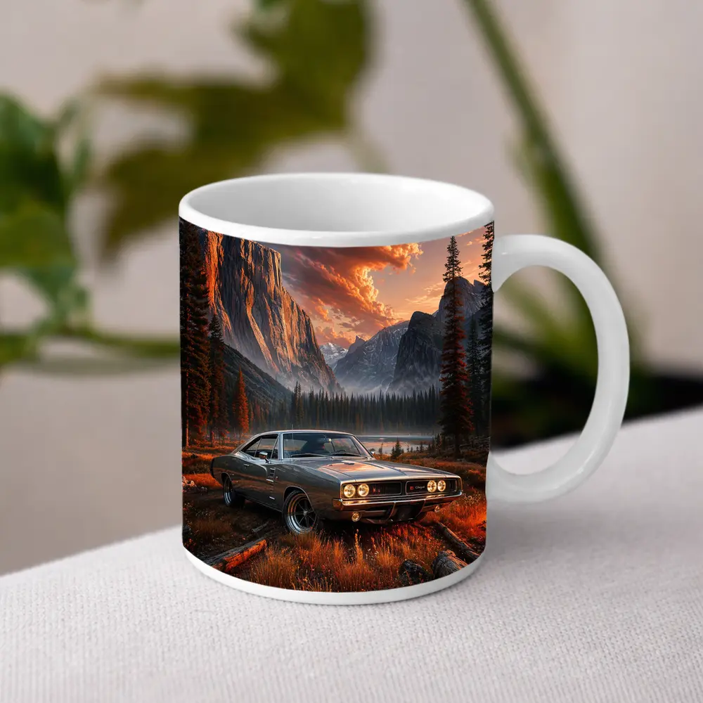 Dodge Charger Muscle Car Mountain Sunset Scene – Mugs