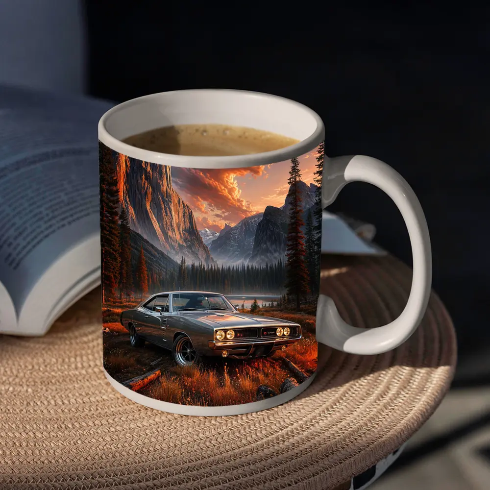 Dodge Charger Muscle Car Mountain Sunset Scene – Mugs