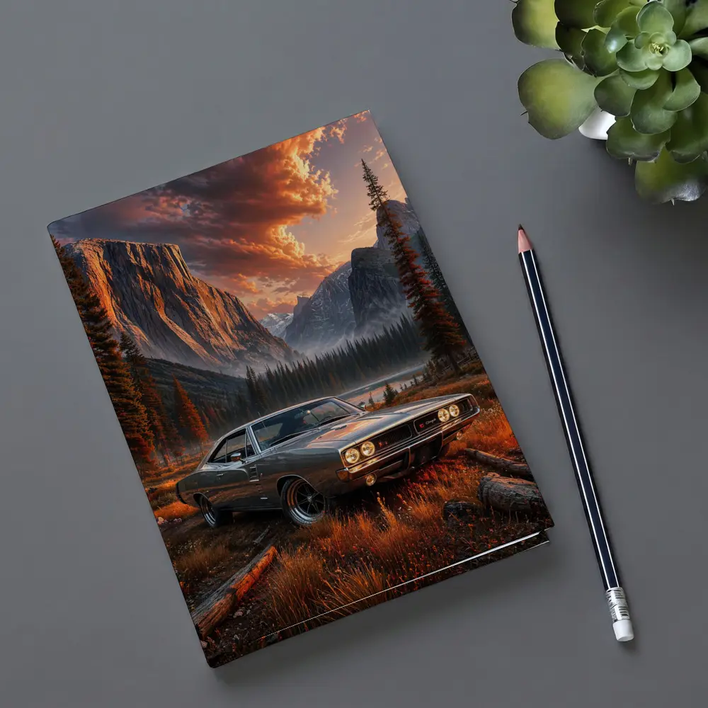 Dodge Charger Muscle Car Mountain Sunset Scene – Notebooks