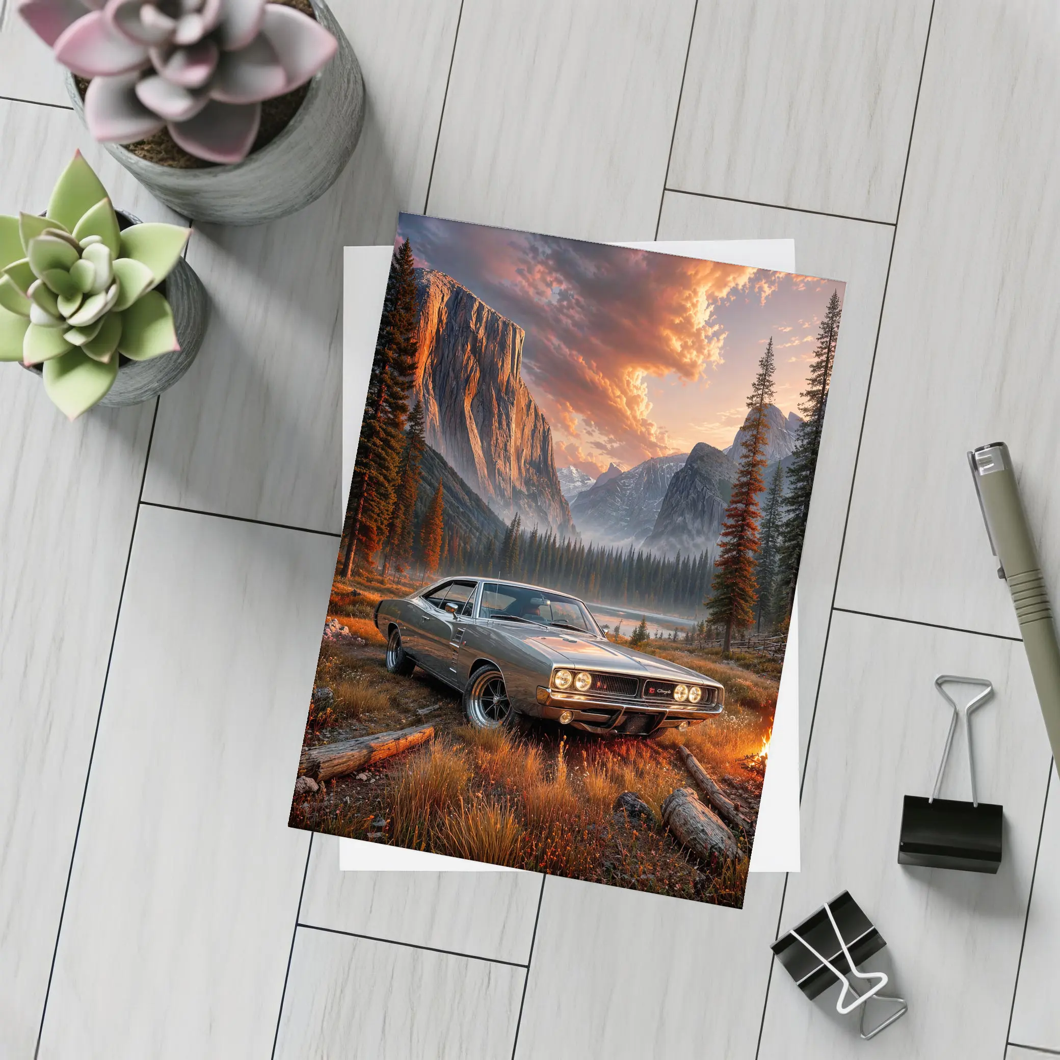 Dodge Charger Muscle Car Mountain Sunset Scene – Postcards