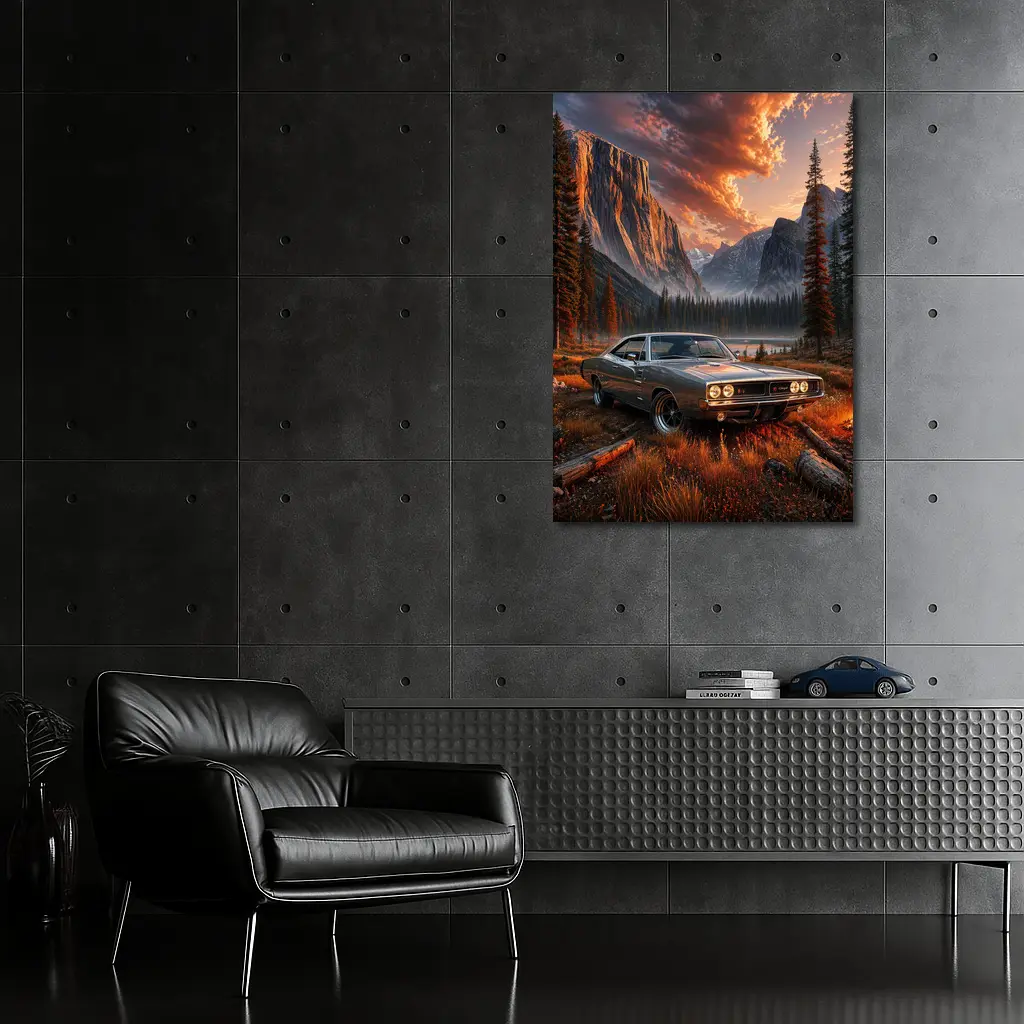 Dodge Charger Muscle Car Mountain Sunset Scene – Wall Art
