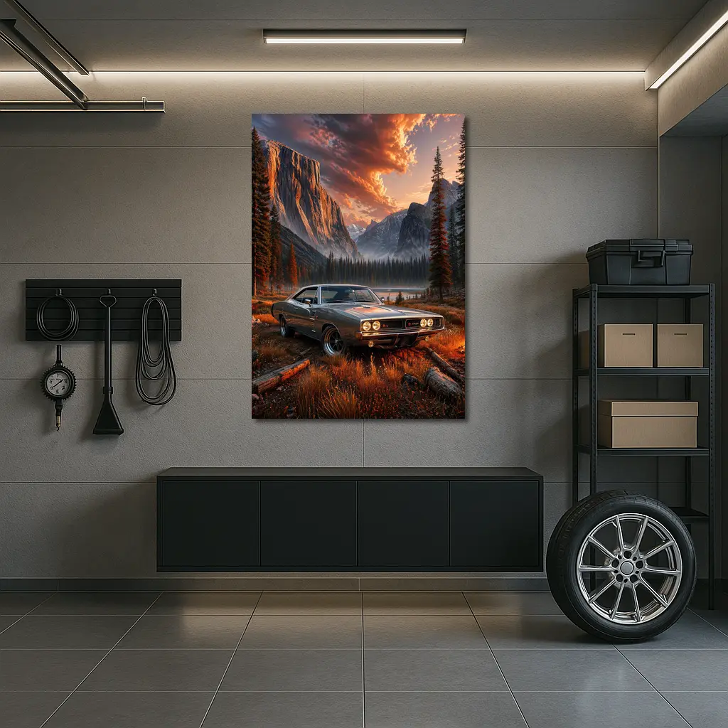 Dodge Charger Muscle Car Mountain Sunset Scene – Wall Art