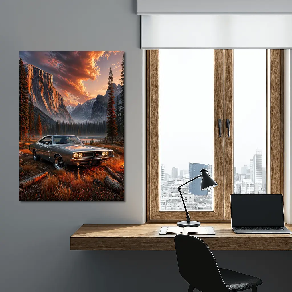 Dodge Charger Muscle Car Mountain Sunset Scene – Wall Art