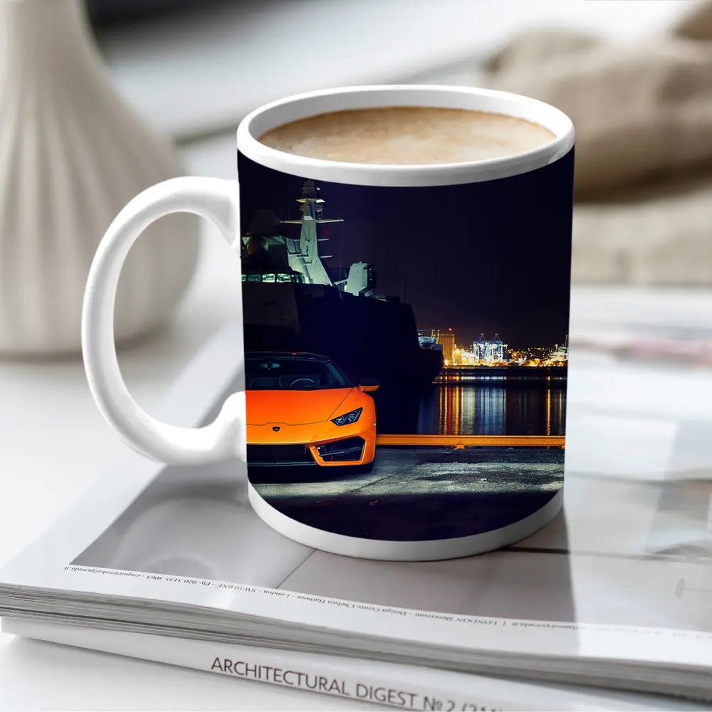 Lamborghini Huracan Orange At Night Harbor – Mugs