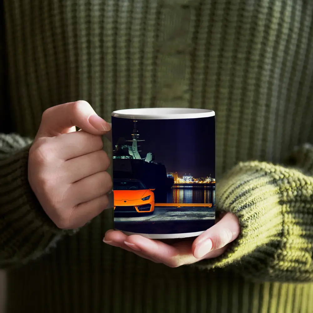 Lamborghini Huracan Orange At Night Harbor – Mugs