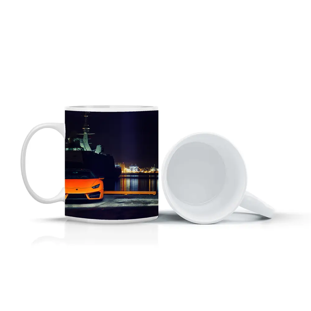 Lamborghini Huracan Orange At Night Harbor – Mugs