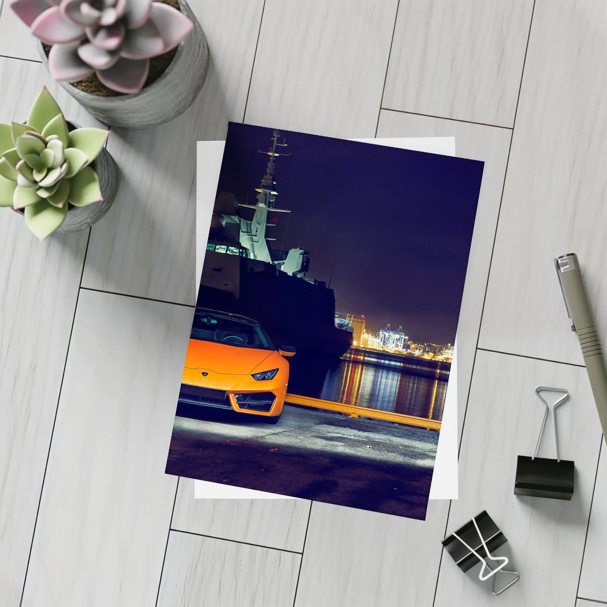 Lamborghini Huracan Orange At Night Harbor – Postcards