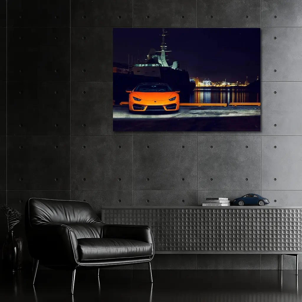 Lamborghini Huracan Orange At Night Harbor – Wall Art