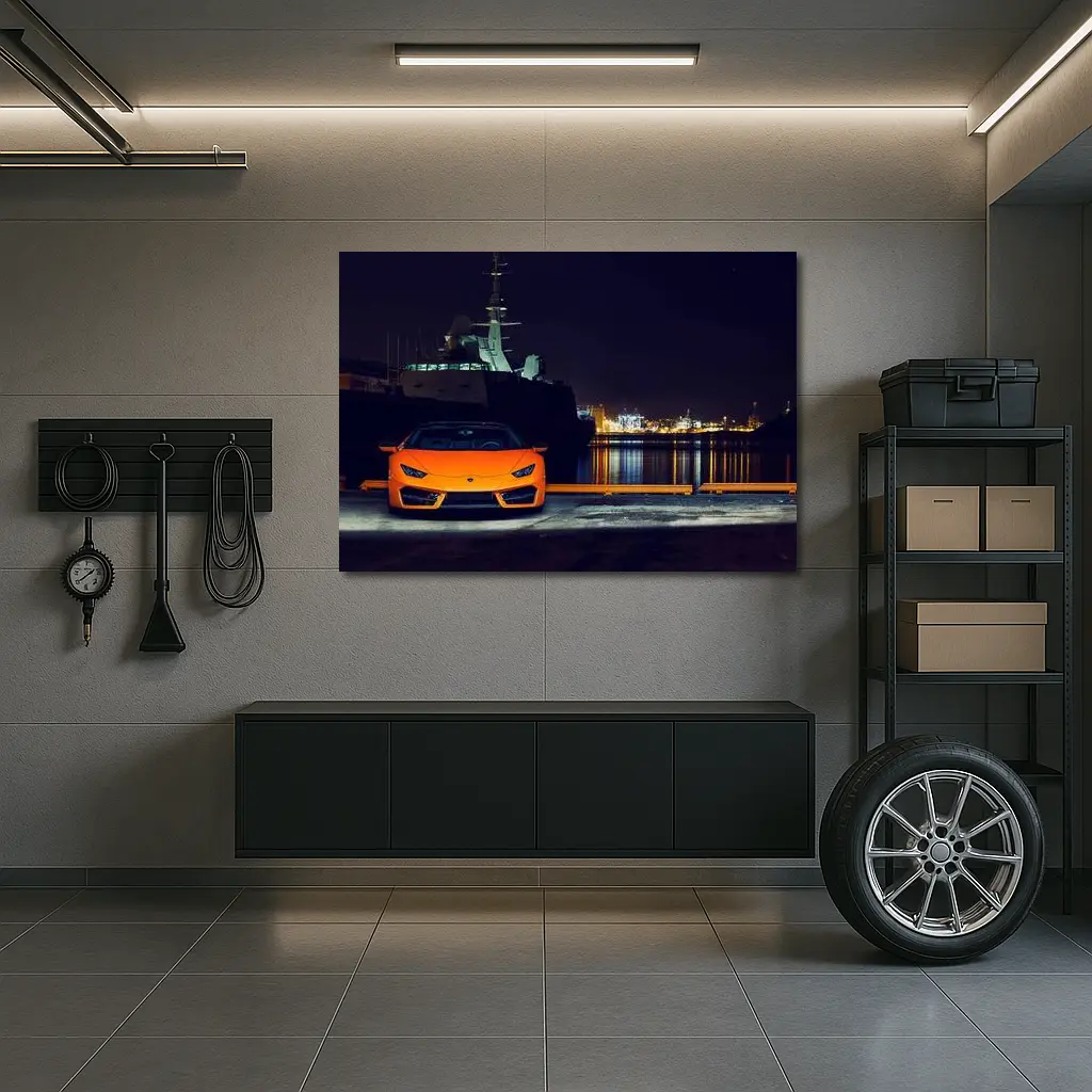 Lamborghini Huracan Orange At Night Harbor – Wall Art