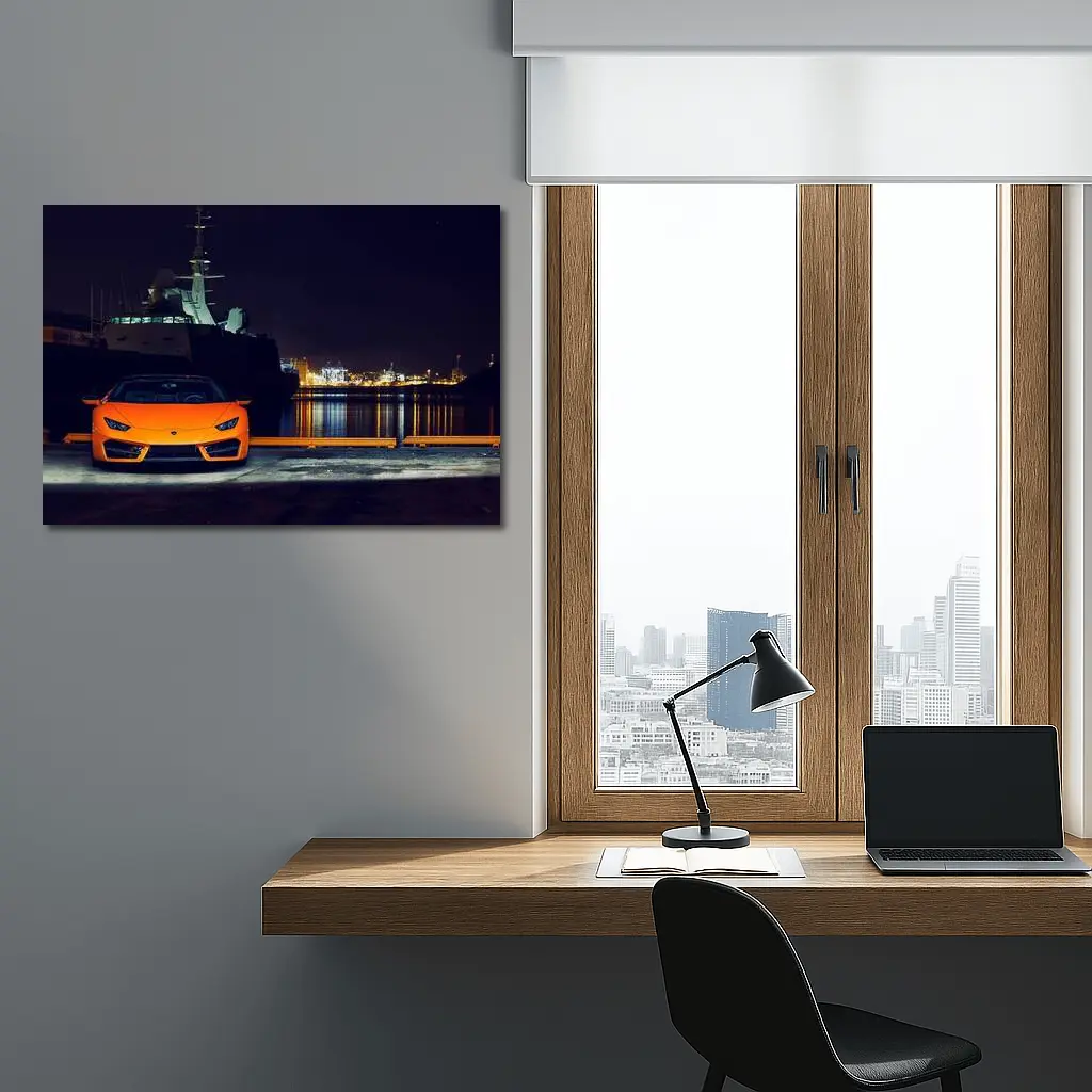 Lamborghini Huracan Orange At Night Harbor – Wall Art