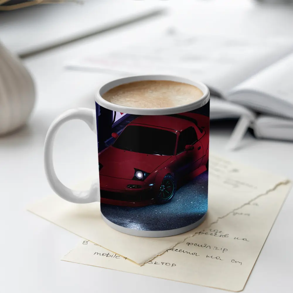 Mazda RX-7 Red Neon Gas Station Night – Mugs