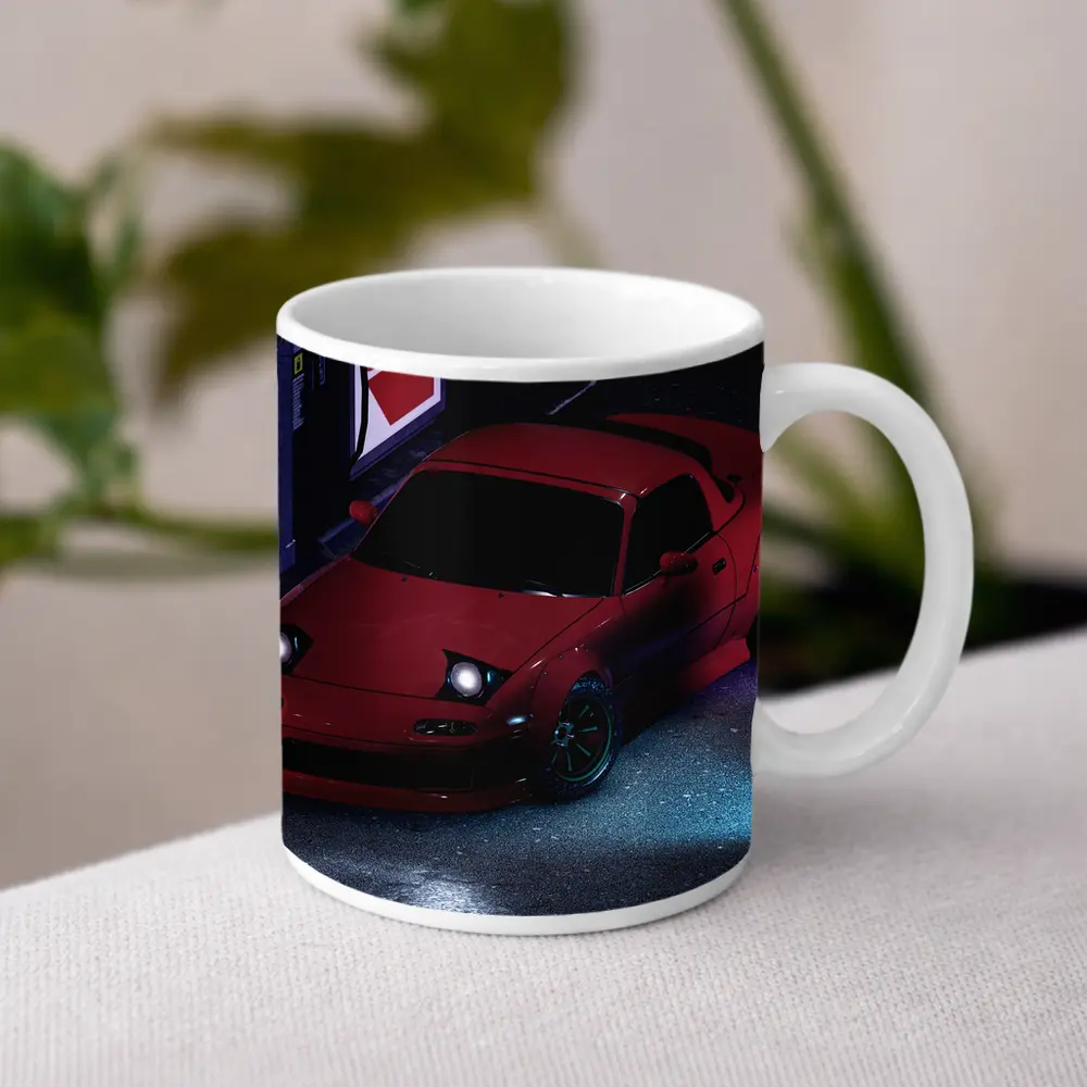 Mazda RX-7 Red Neon Gas Station Night – Mugs