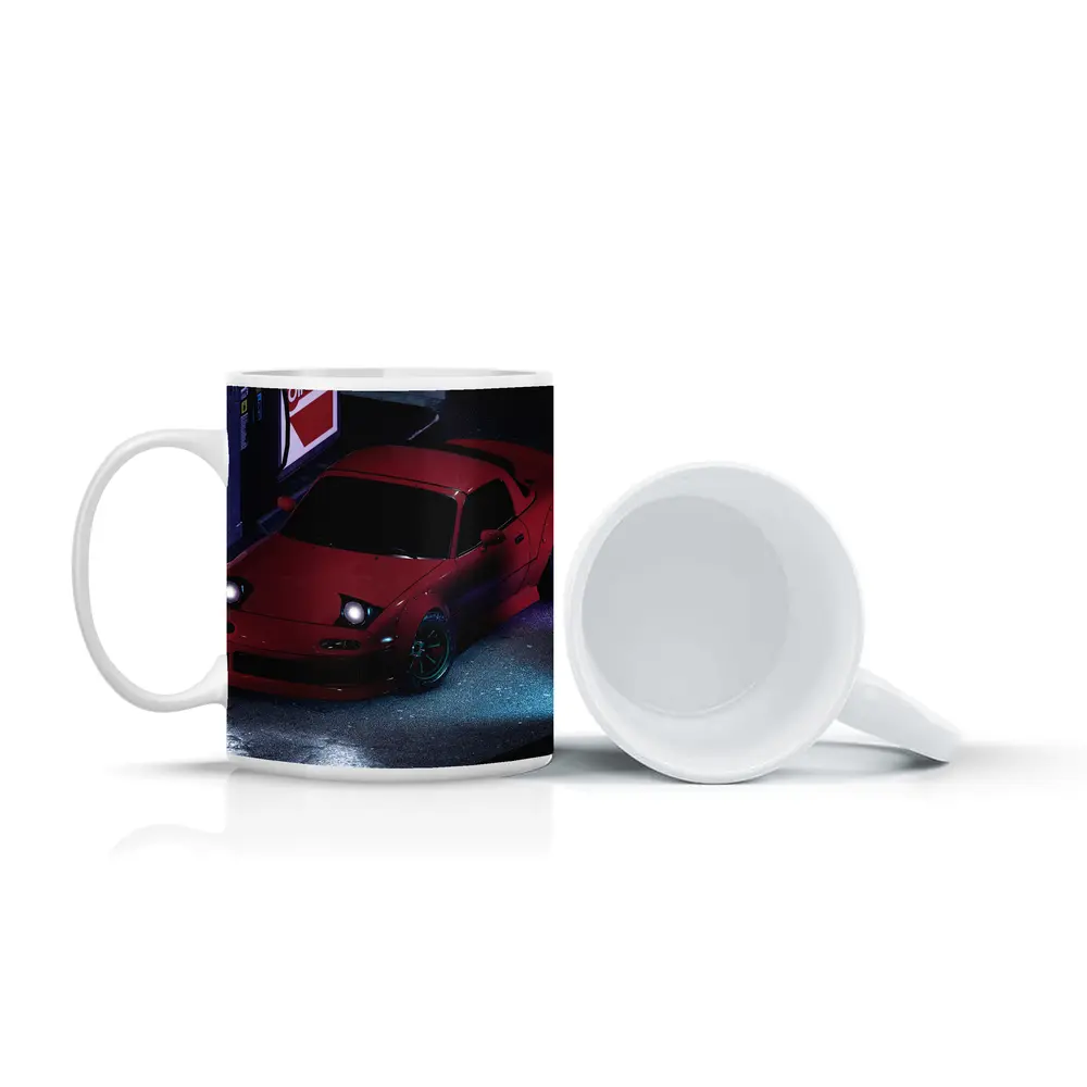 Mazda RX-7 Red Neon Gas Station Night – Mugs