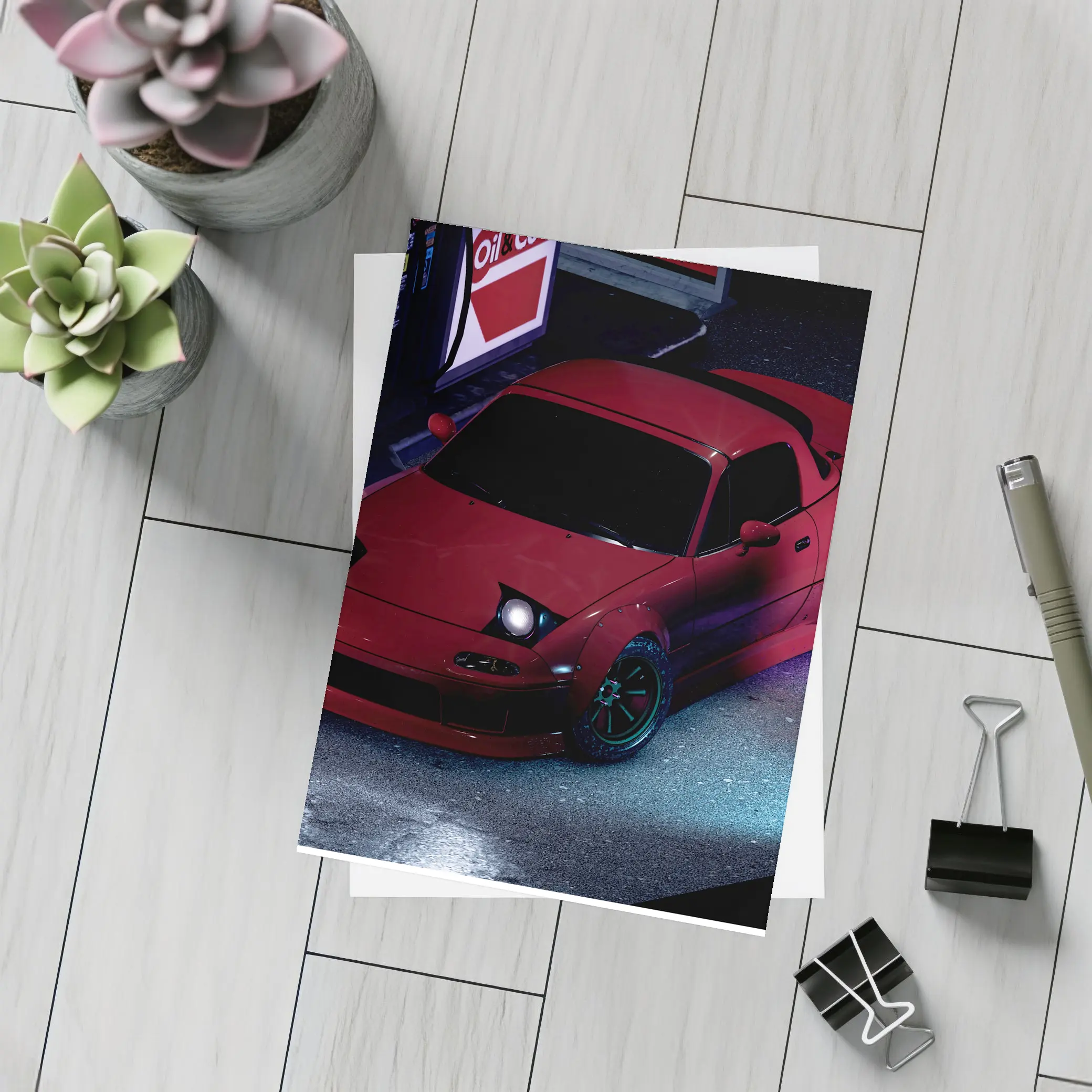 Mazda RX-7 Red Neon Gas Station Night – Postcards