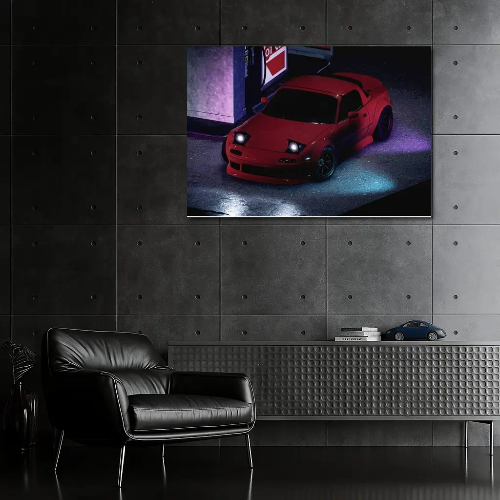Mazda RX-7 Red Neon Gas Station Night – Wall Art