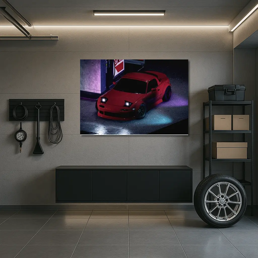 Mazda RX-7 Red Neon Gas Station Night – Wall Art