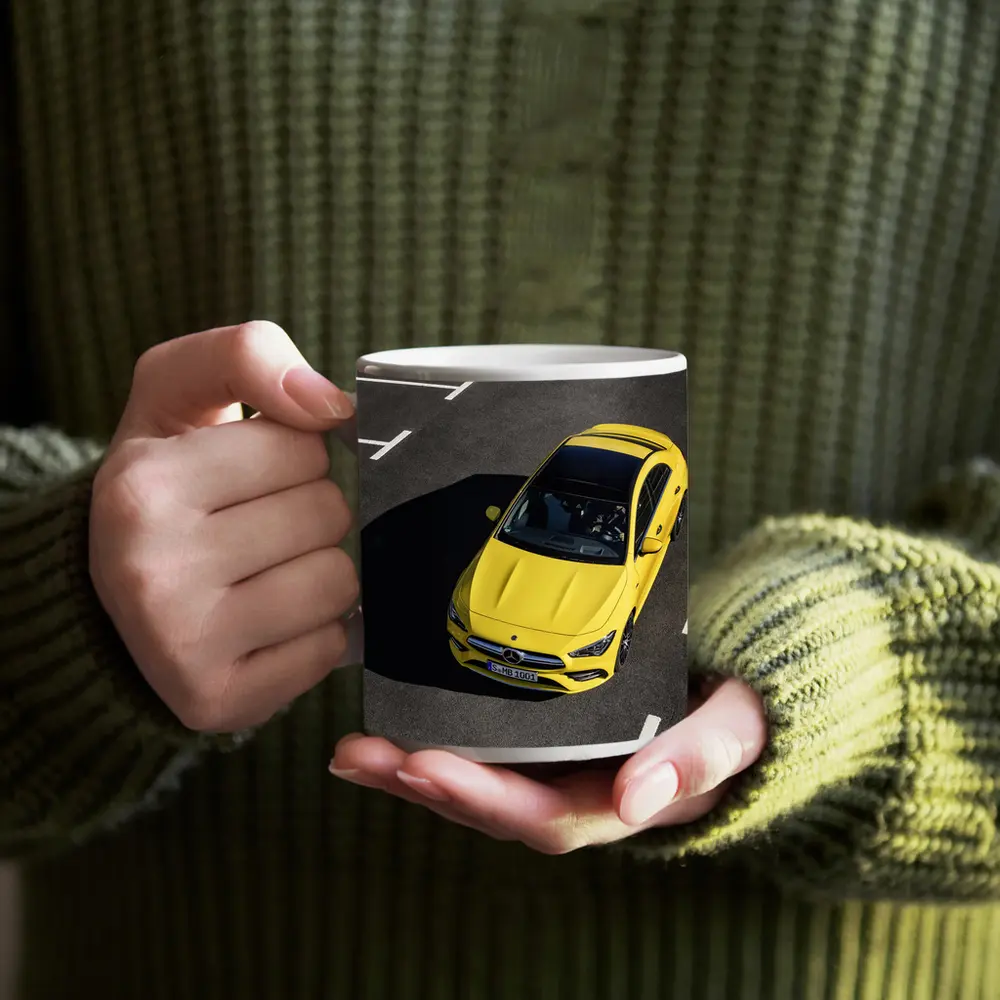 Mercedes AMG CLA Yellow Parking Lot Aerial – Mugs