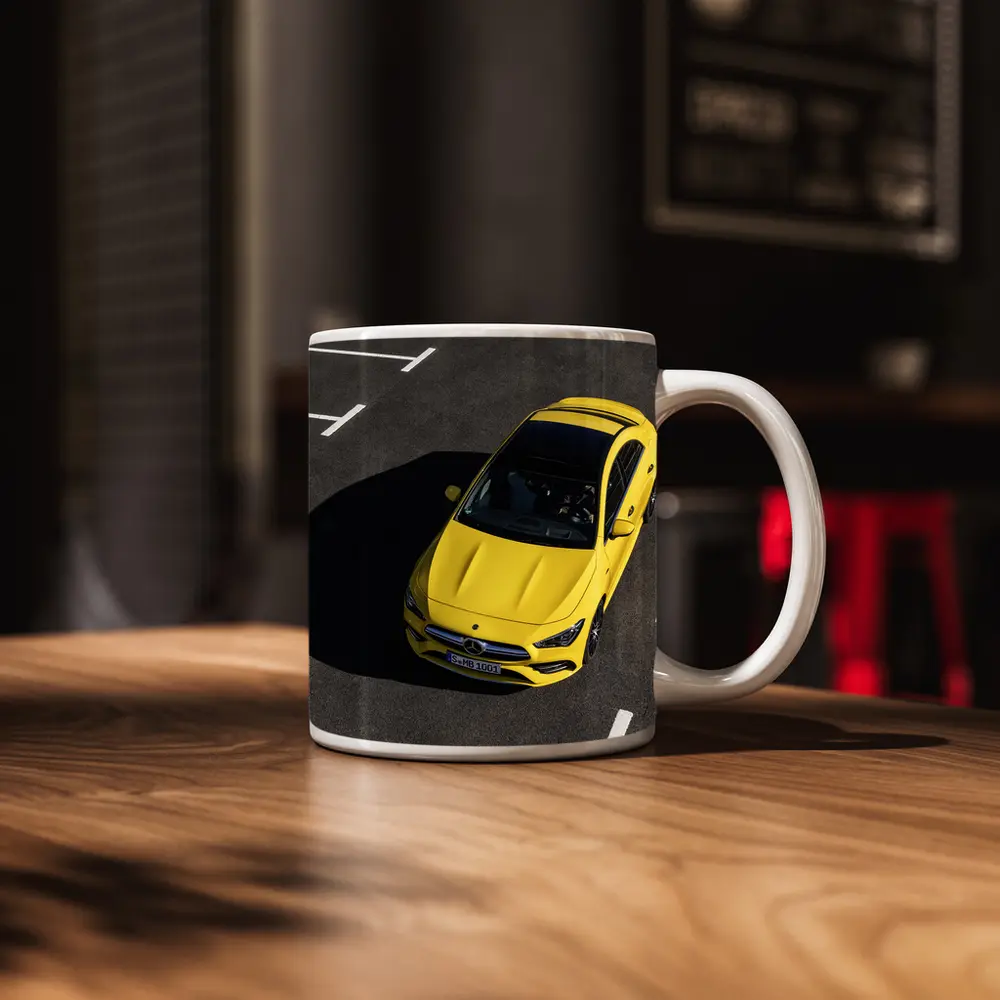 Mercedes AMG CLA Yellow Parking Lot Aerial – Mugs