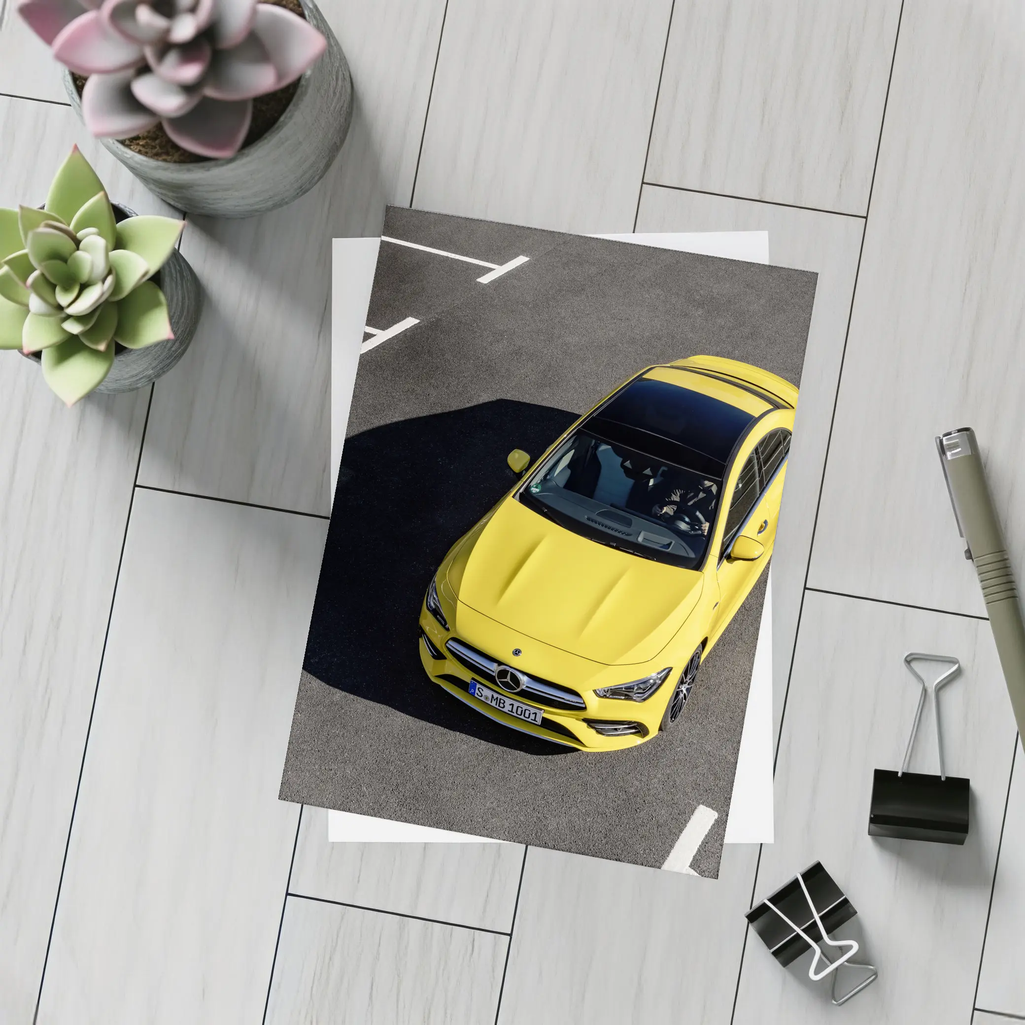 Mercedes AMG CLA Yellow Parking Lot Aerial – Postcards