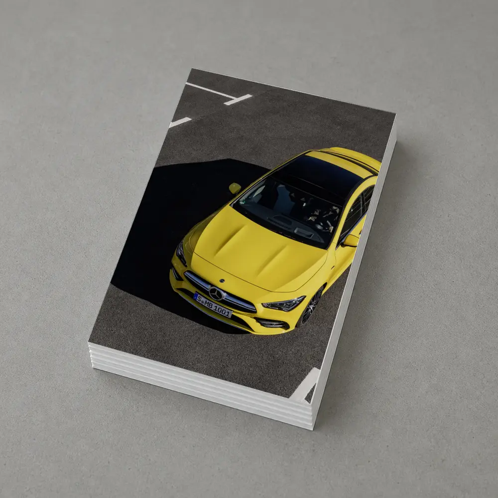 Mercedes AMG CLA Yellow Parking Lot Aerial – Postcards