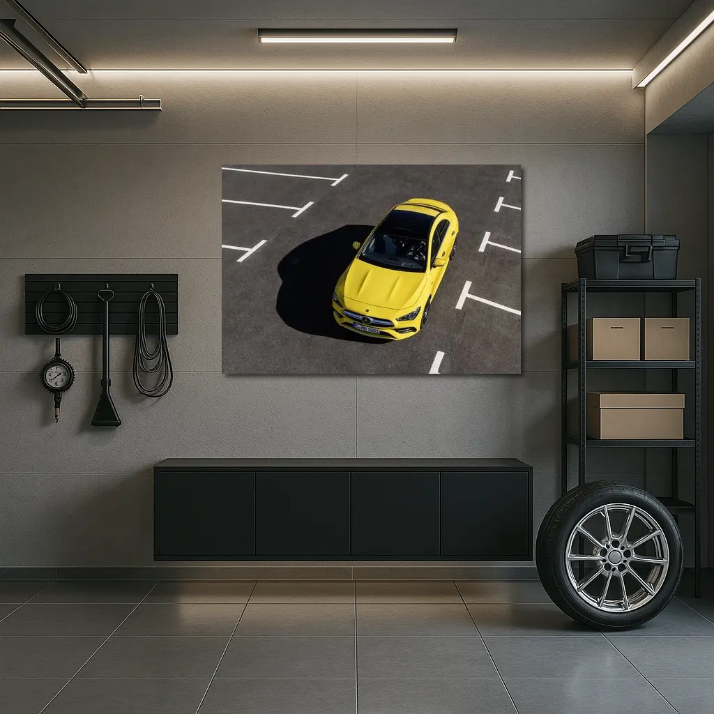 Mercedes AMG CLA Yellow Parking Lot Aerial – Wall Art
