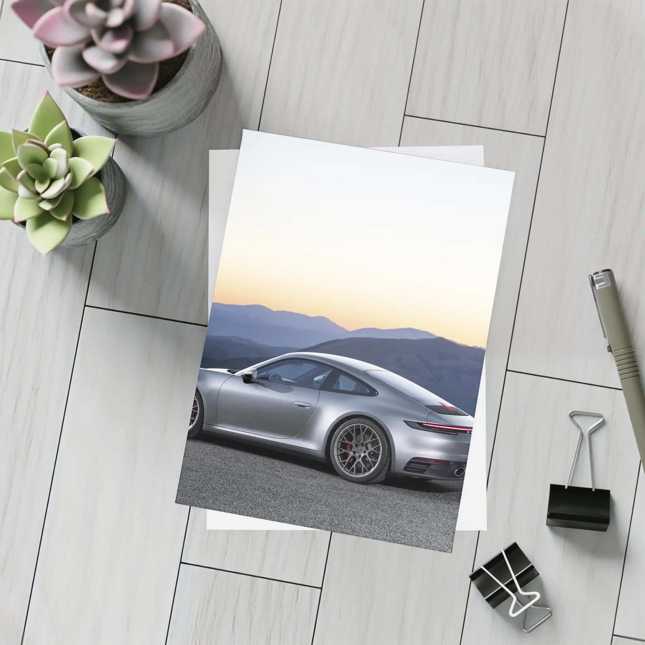 Porsche 911 Silver Coupe Mountain Sunset – Postcards