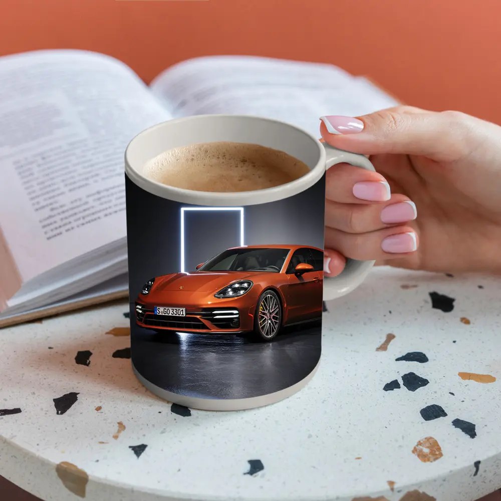 Porsche Panamera Orange Studio Dark Background – Mugs
