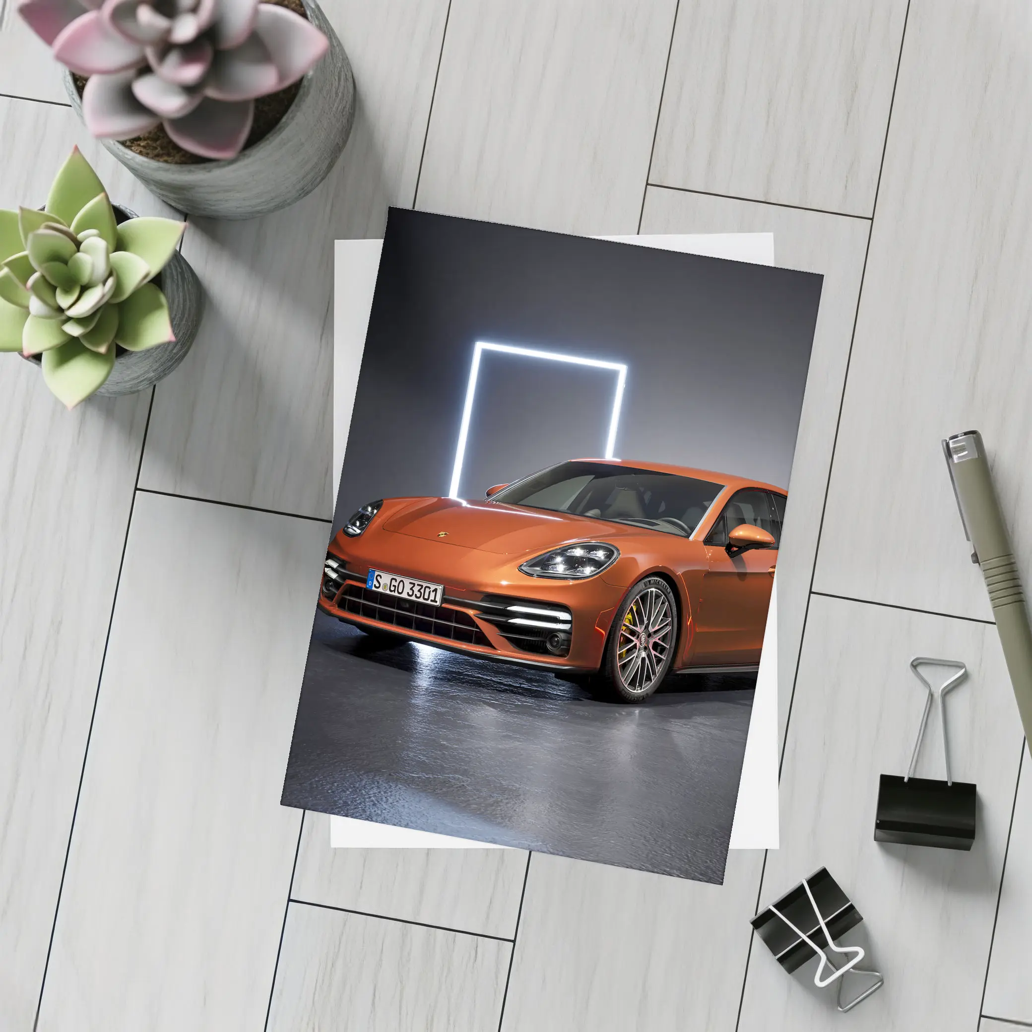 Porsche Panamera Orange Studio Dark Background – Postcards
