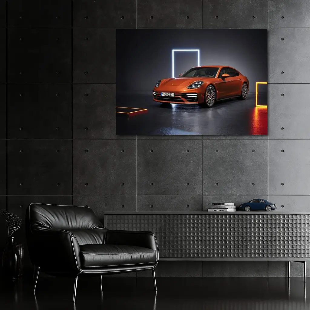 Porsche Panamera Orange Studio Dark Background – Wall Art