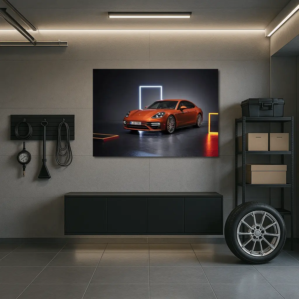 Porsche Panamera Orange Studio Dark Background – Wall Art